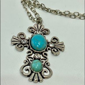 Turquoise & Silver colored women’s cross necklace￼